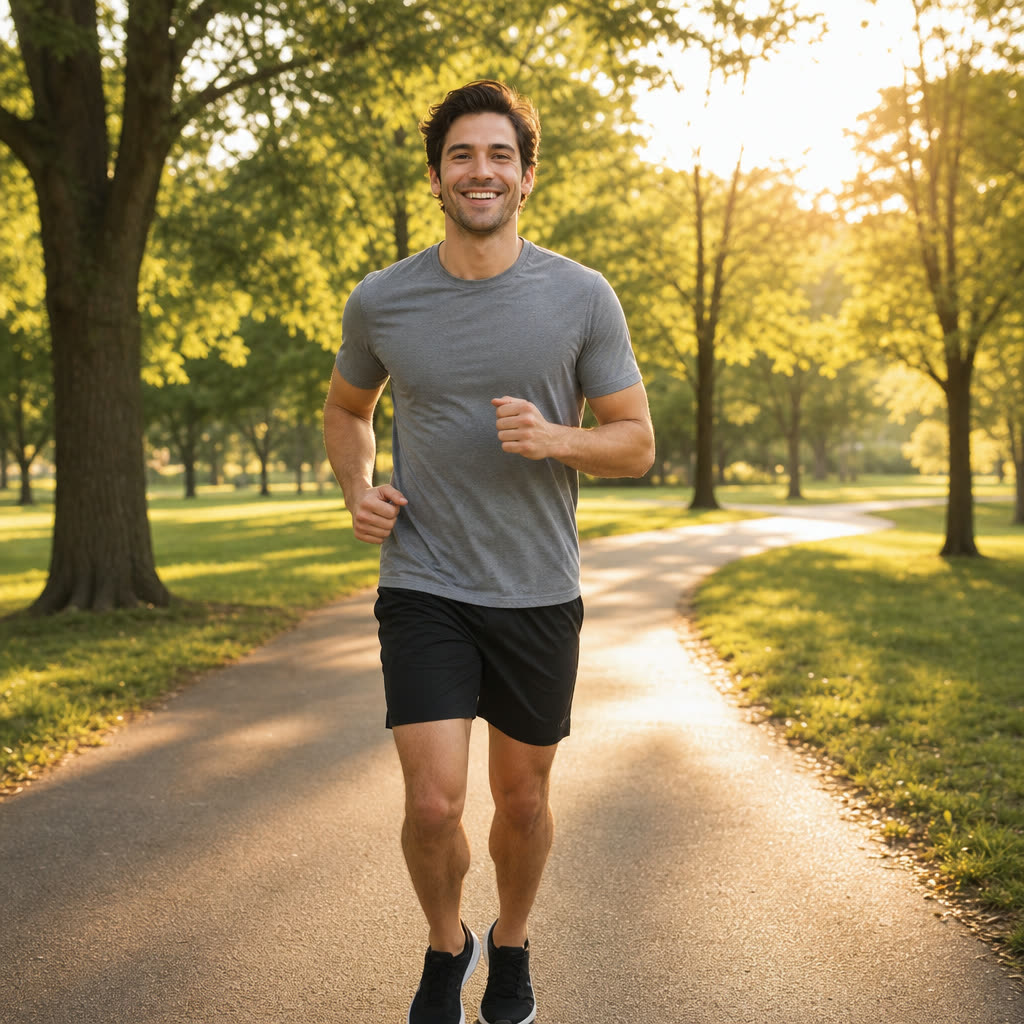 The dark-haired man jogging through a park at sunrise without his glasses, grinning wide