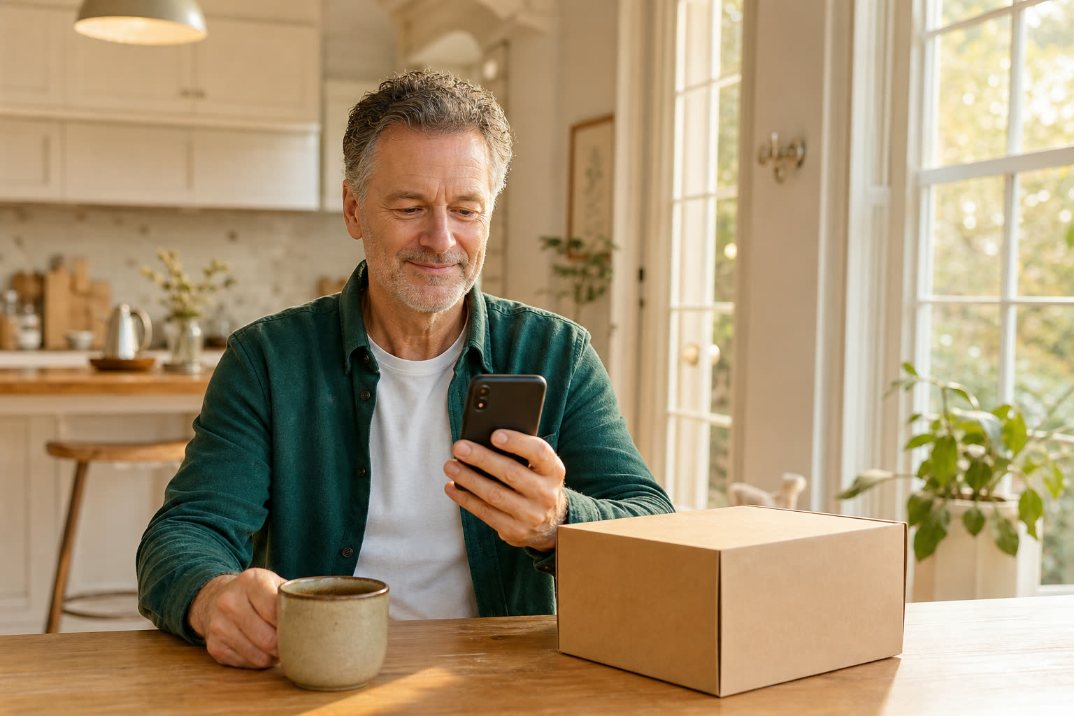 A man reading a message at a sunlit kitchen table beside a plain unmarked delivery box