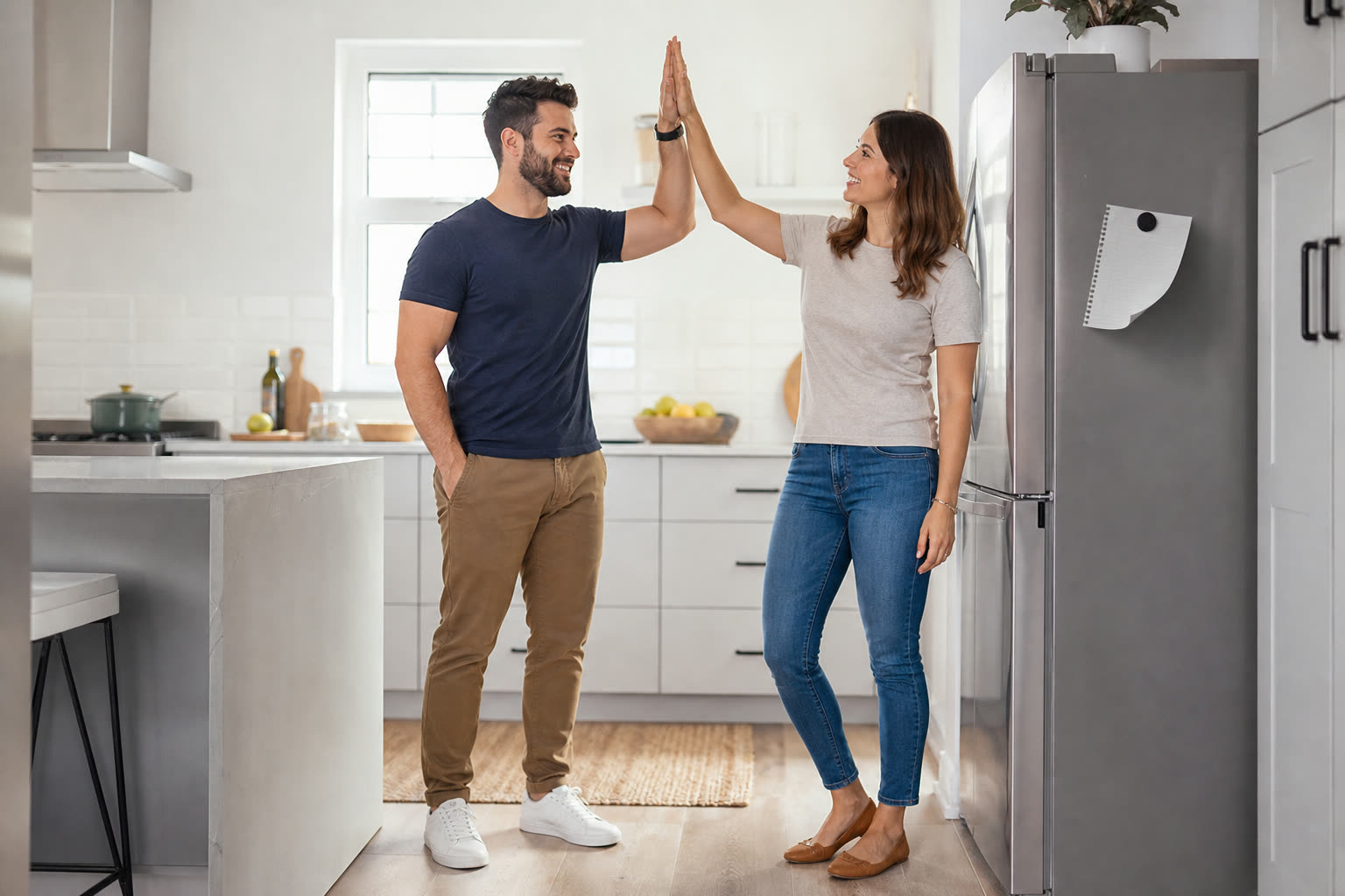 A early 30s man with a broad-shouldered stocky build high-fiving their partner in the kitchen over a milestone note on the fridge