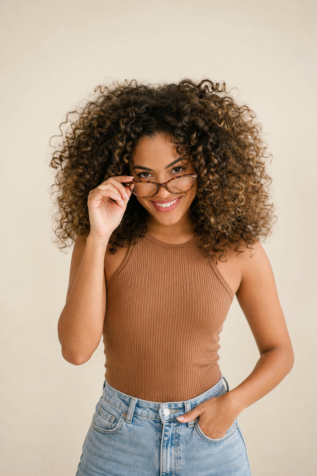 A young woman with glorious curly hair lifting her glasses with a playful grin