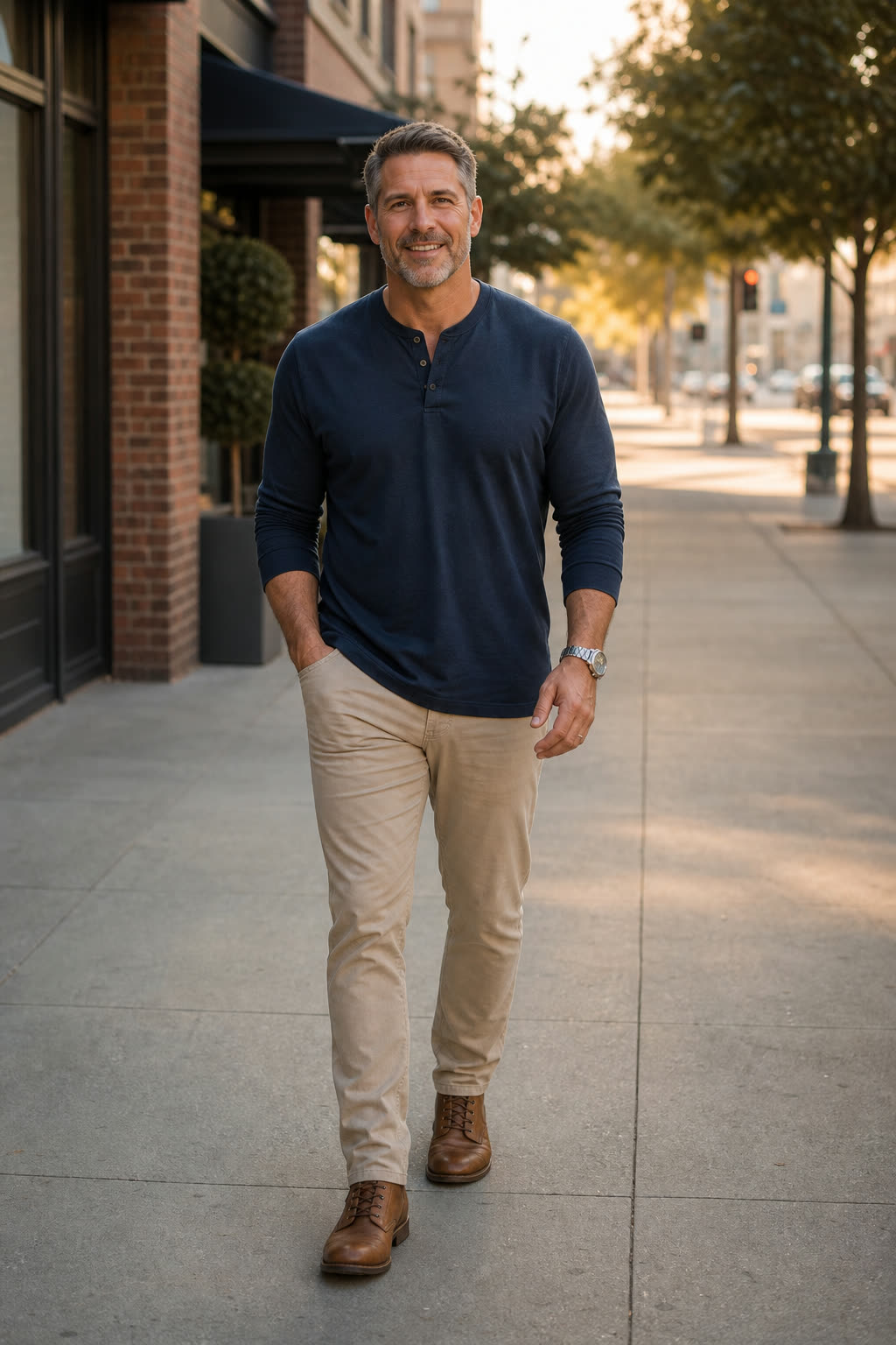 A broad-shouldered man in his 40s walking through the city with confident momentum, mid-smile