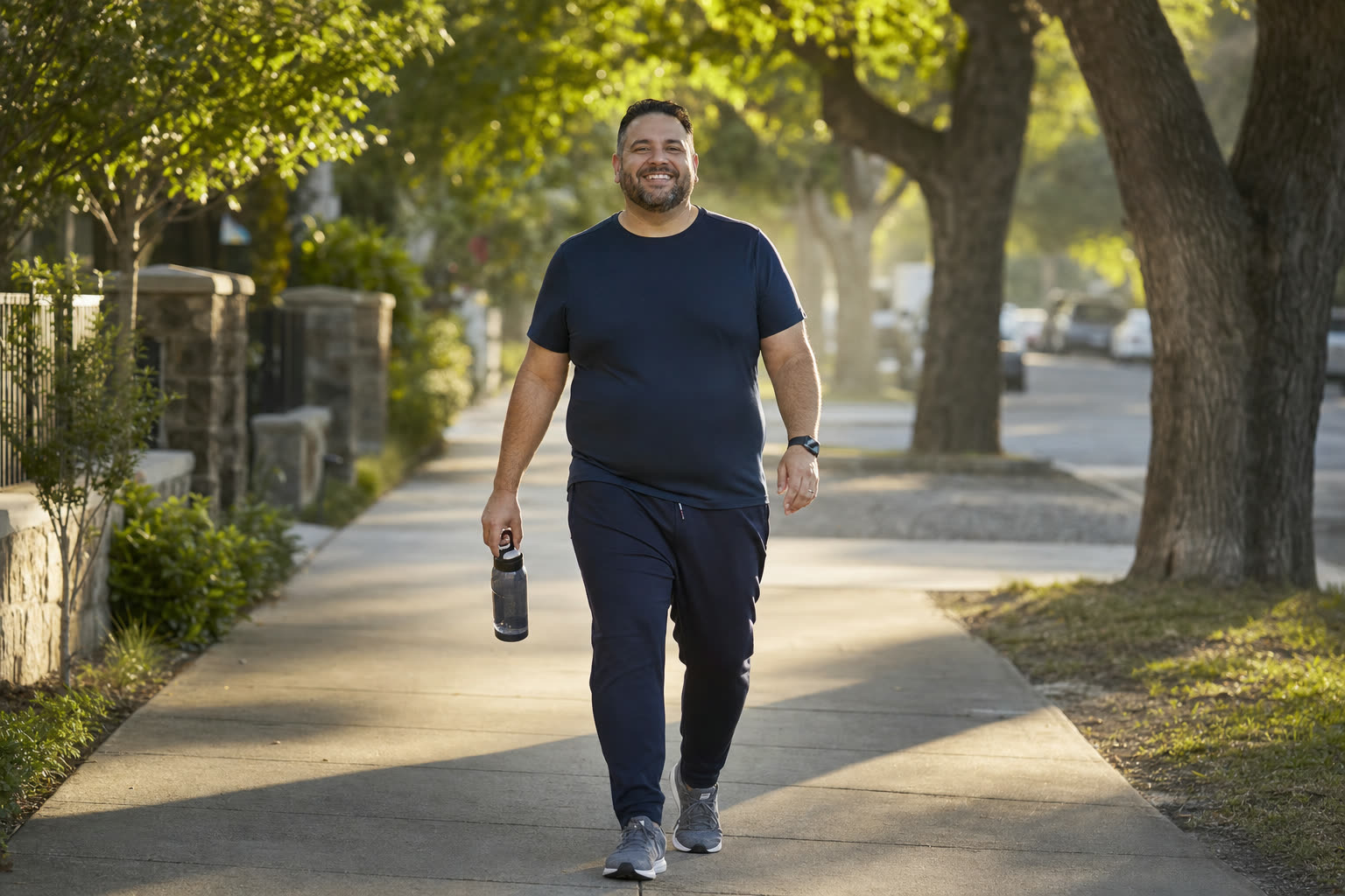 A heavier man mid-journey walking with purpose and a big smile on a tree-lined morning street