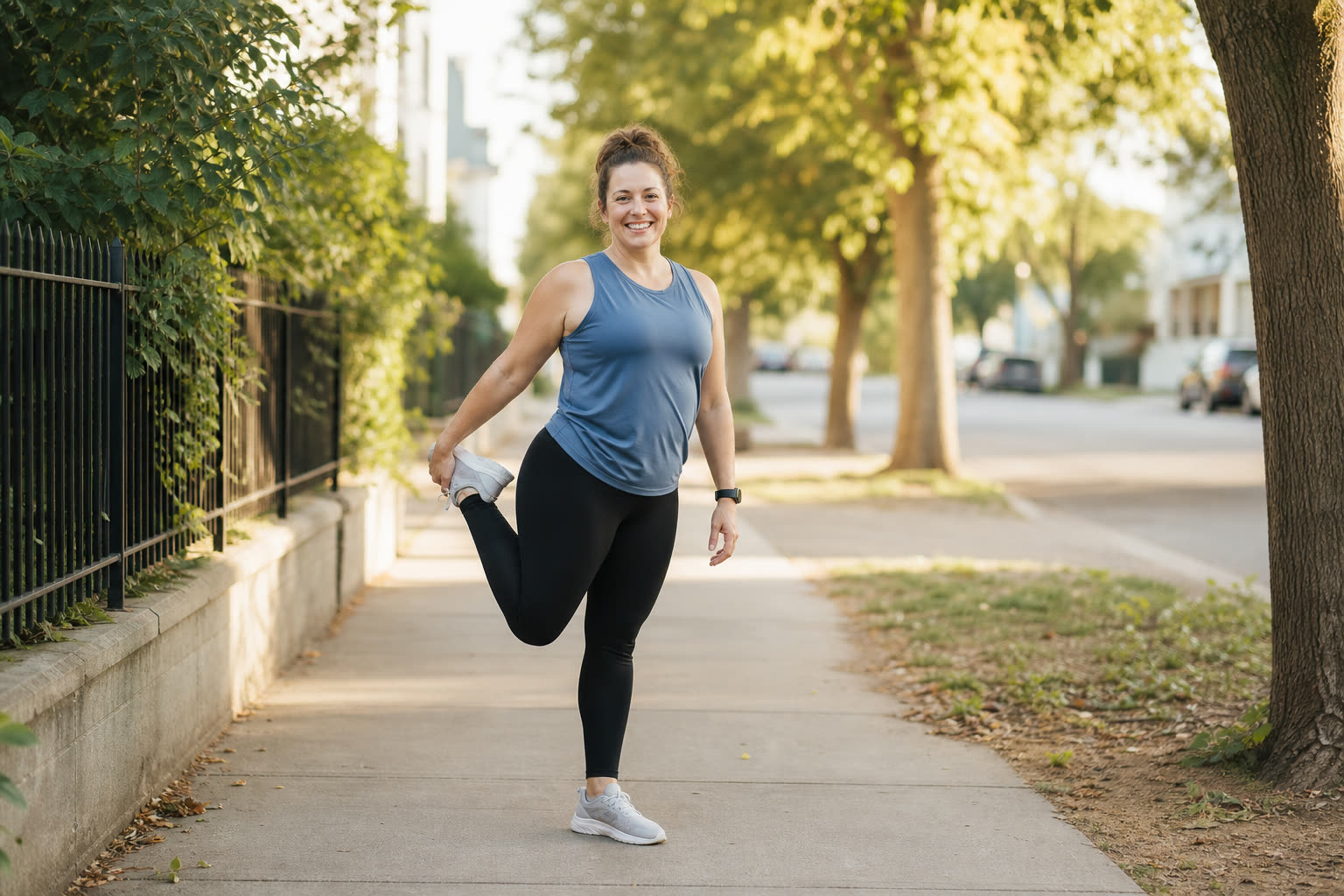 A joyful woman in her 30s with a soft, strong build stretching before a walk on a bright morning street