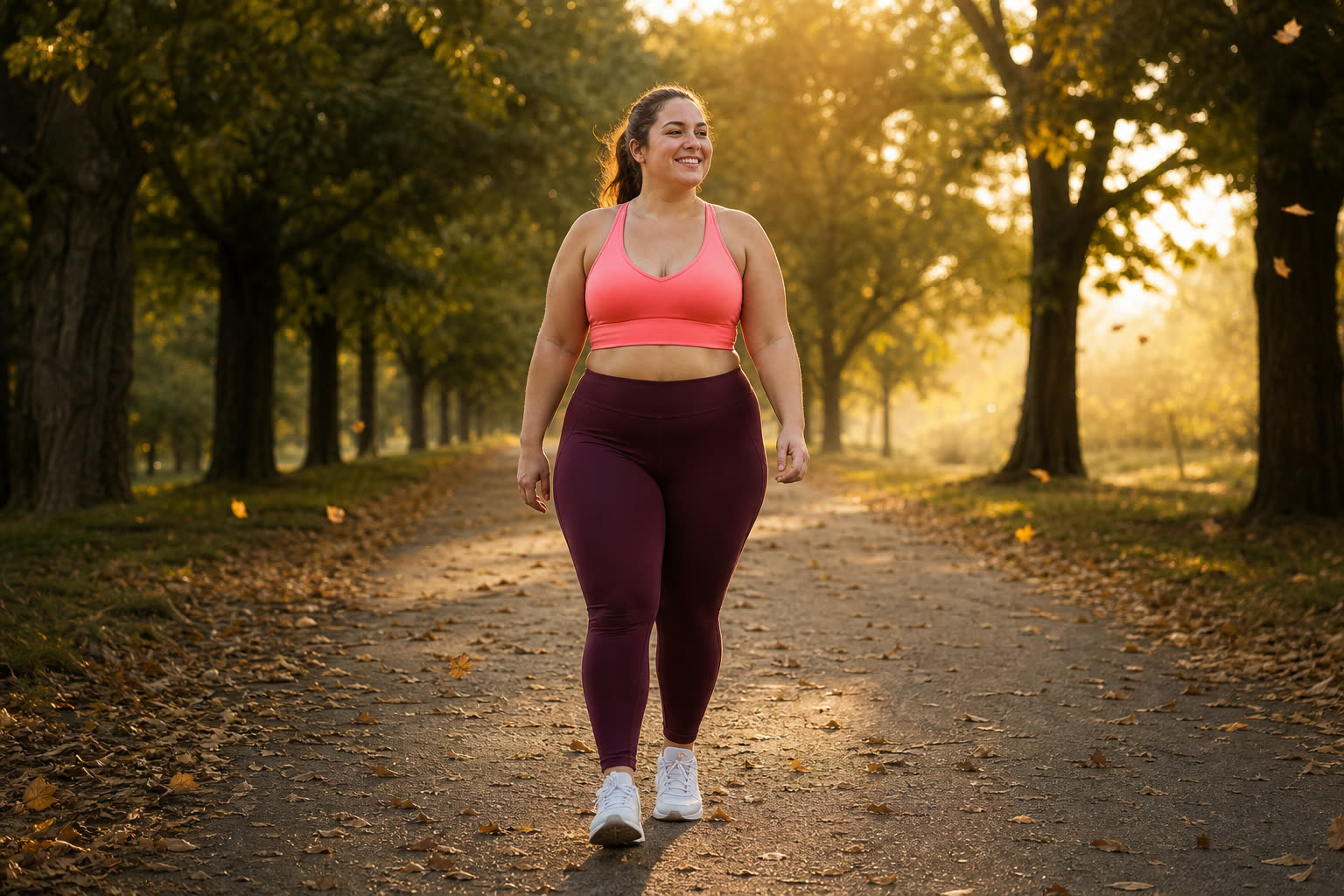 A early 20s woman with a soft curvy build walking a tree-lined path at sunrise in bright activewear, mid-stride and smiling