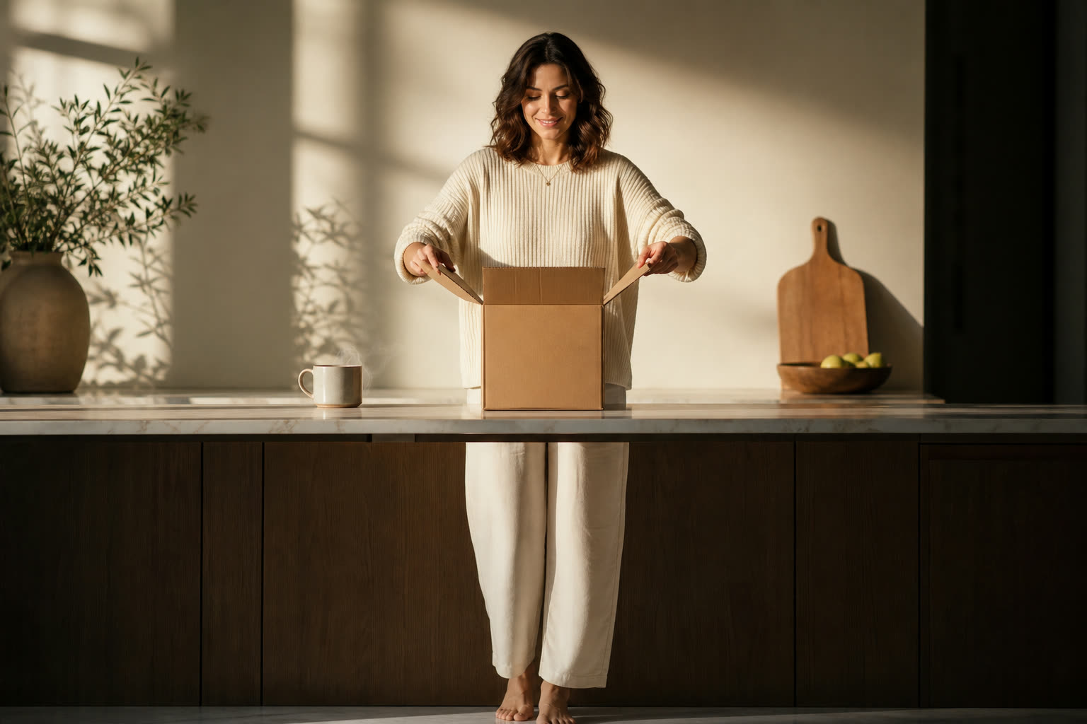 A woman opening a plain unmarked delivery box at her counter, tea steaming beside her