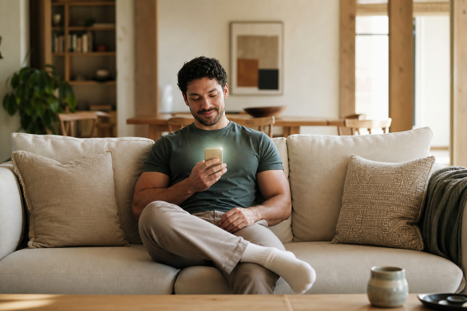 A early 30s man with a fit muscular build reviewing their care plan on a phone from a sunlit sofa, at ease