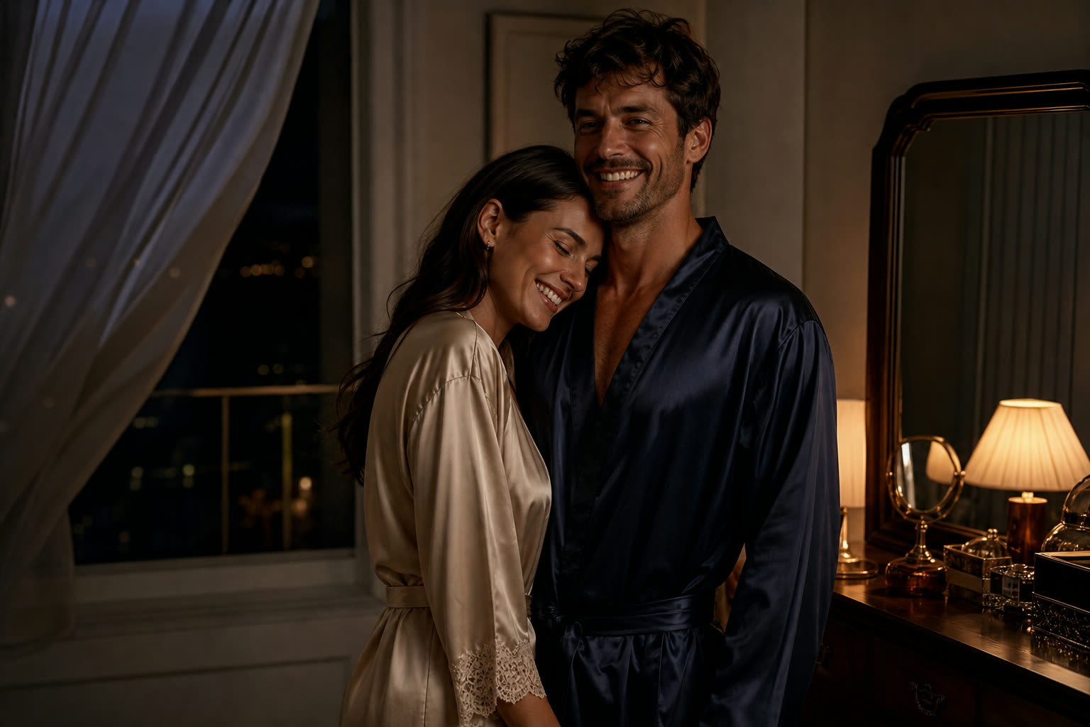 A couple sharing a quiet laugh beside the bedroom dresser in soft night light