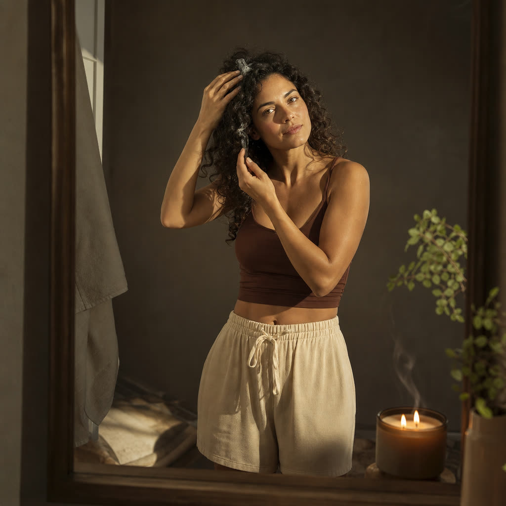 A woman working a treatment through her dark curls at a mirror in warm low light