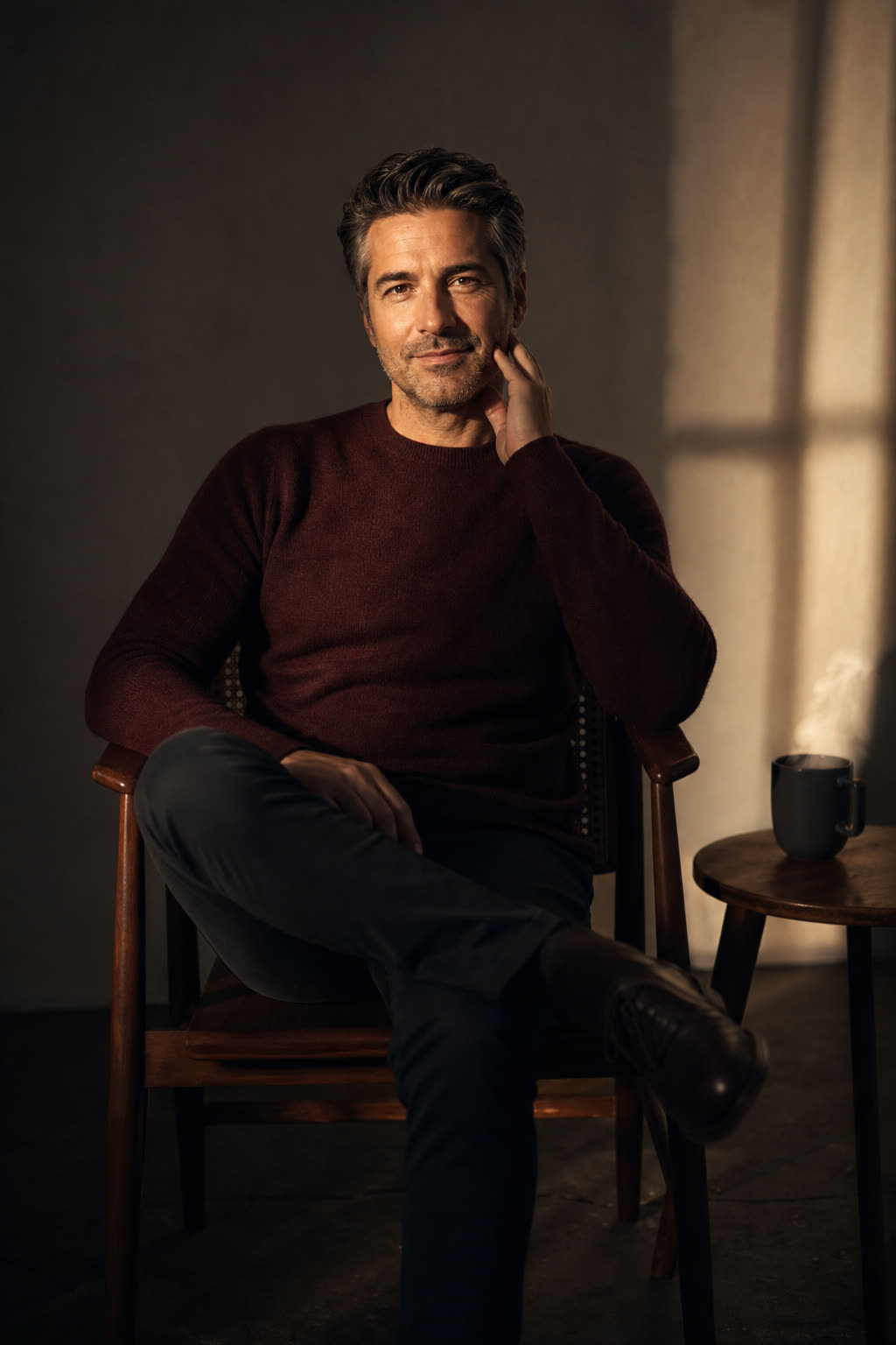 A man with silver-flecked temples and thick dark hair in an oxblood sweater, lit in warm chiaroscuro