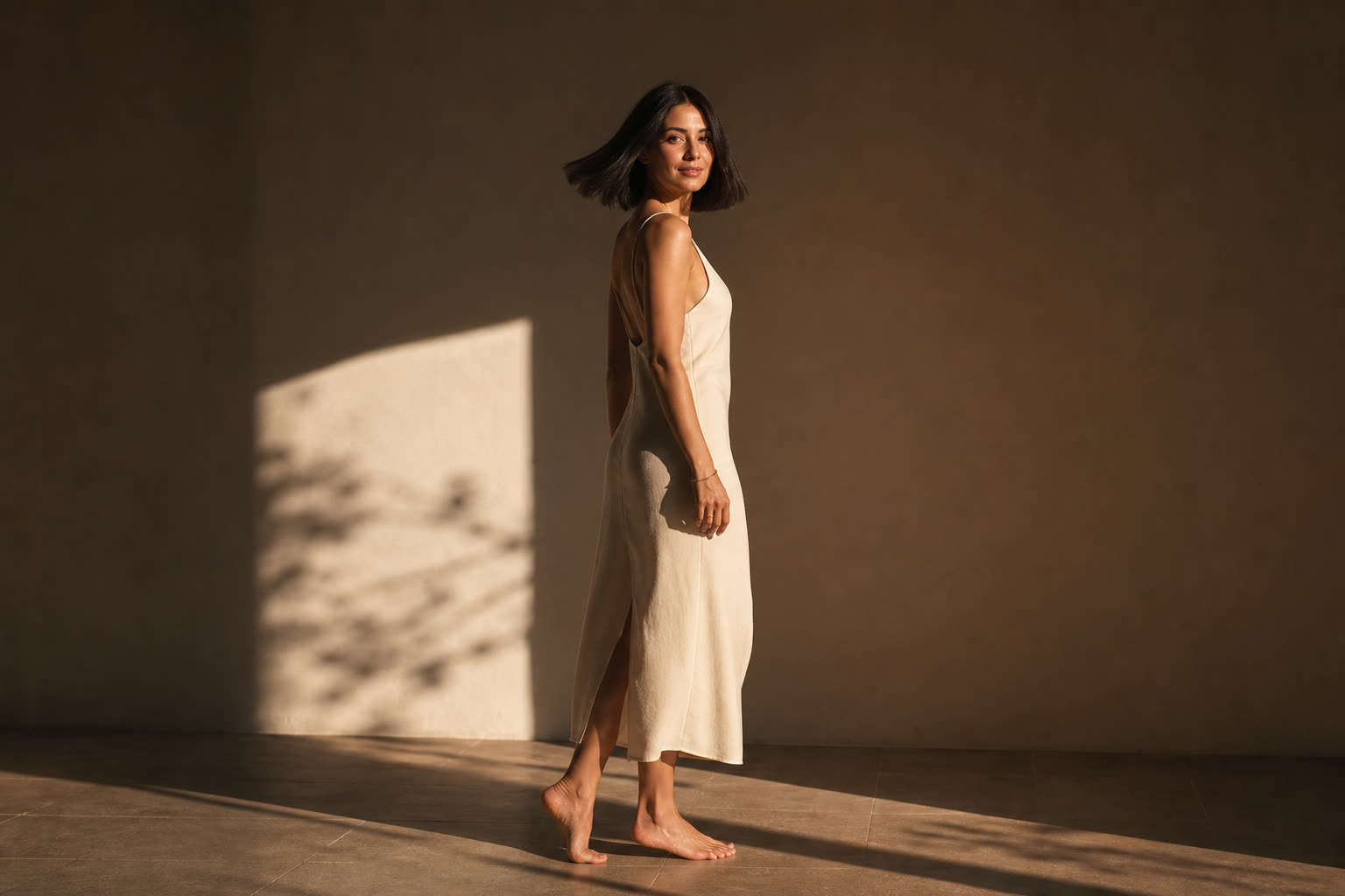 A slender woman in her 30s with a glossy dark bob catching the light as she turns