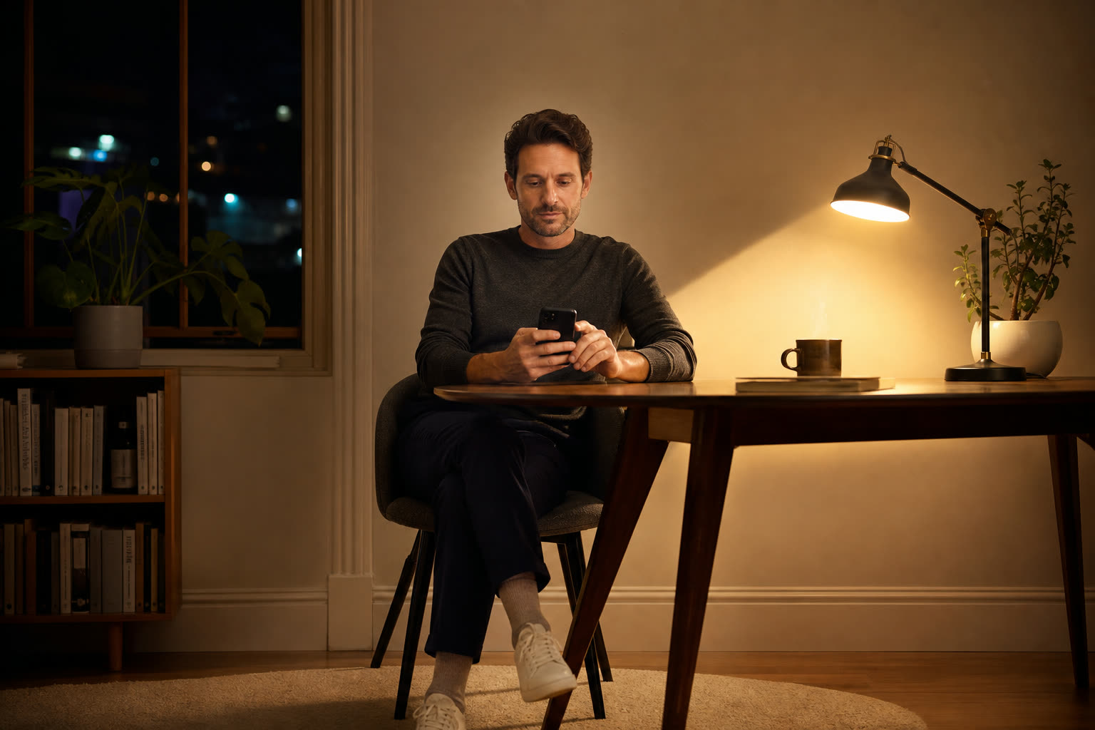 A man completing a short questionnaire on his phone at a desk at night in warm lamplight