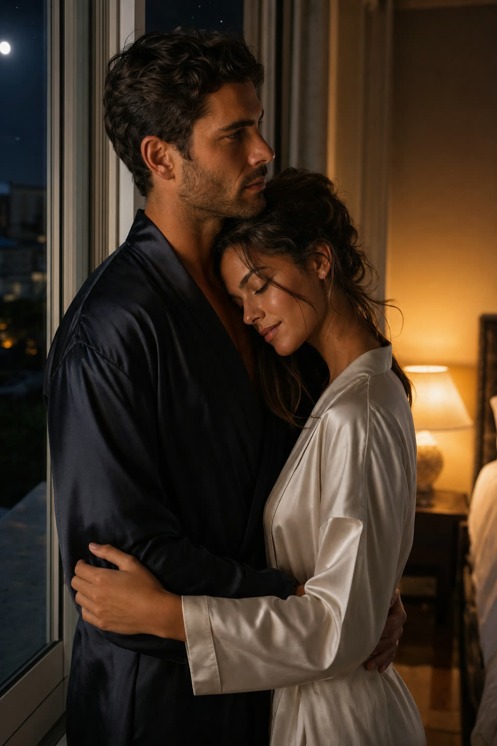 An elegant couple dancing very close in deep shadow, foreheads touching