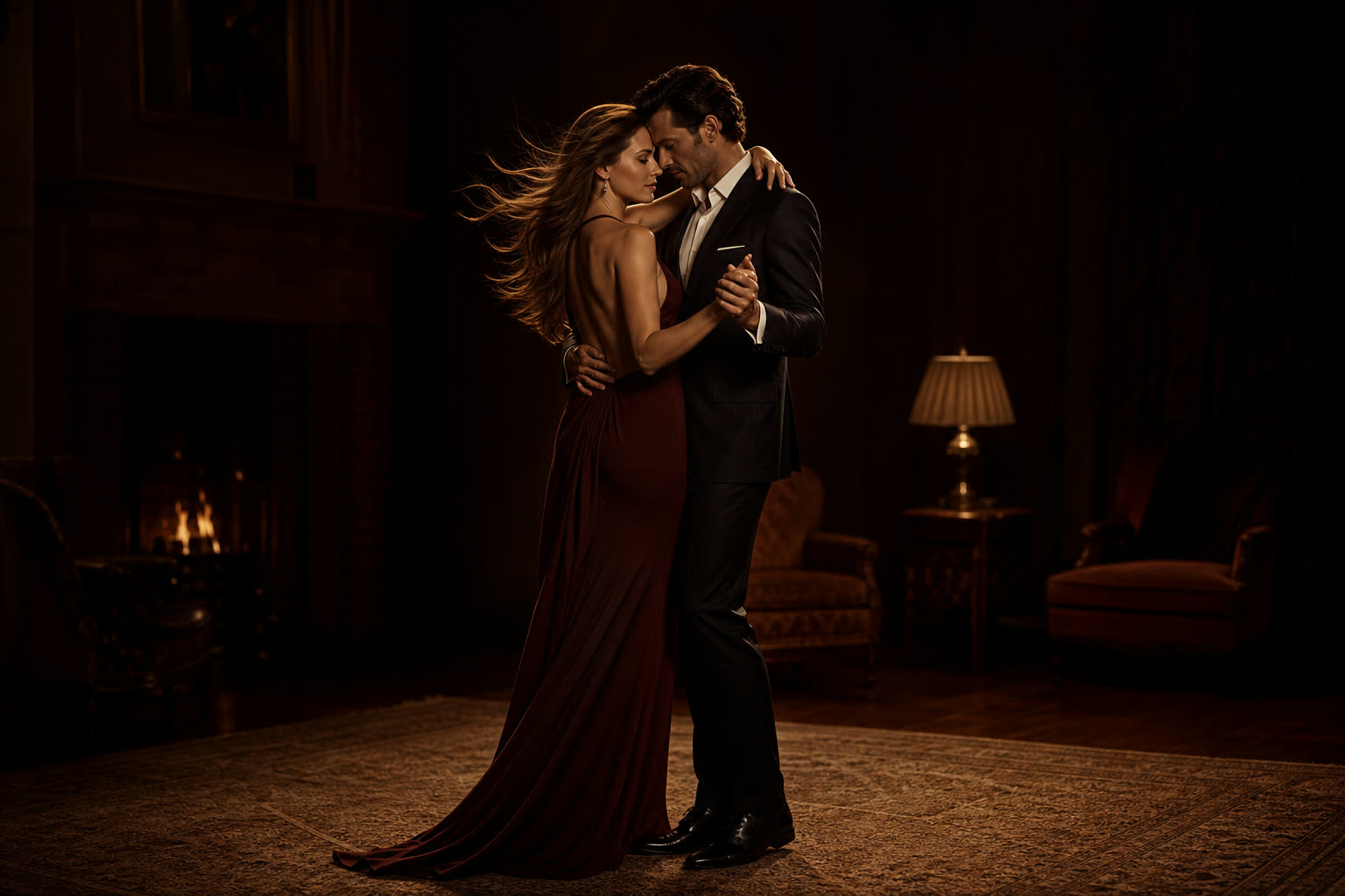An elegant couple dancing very close in a pool of warm lamplight, foreheads touching