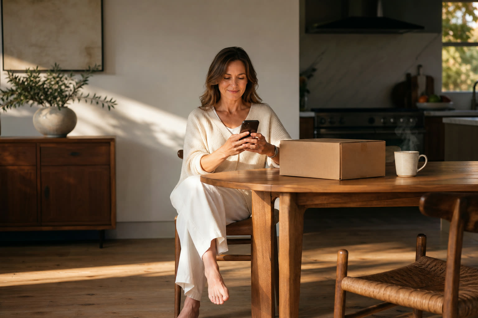 A woman reading a message at a kitchen table beside a plain unmarked delivery box
