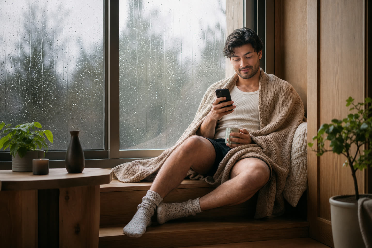 A mid-20s man with a curvy hourglass build wrapped in a blanket with tea, texting their care team from a window seat