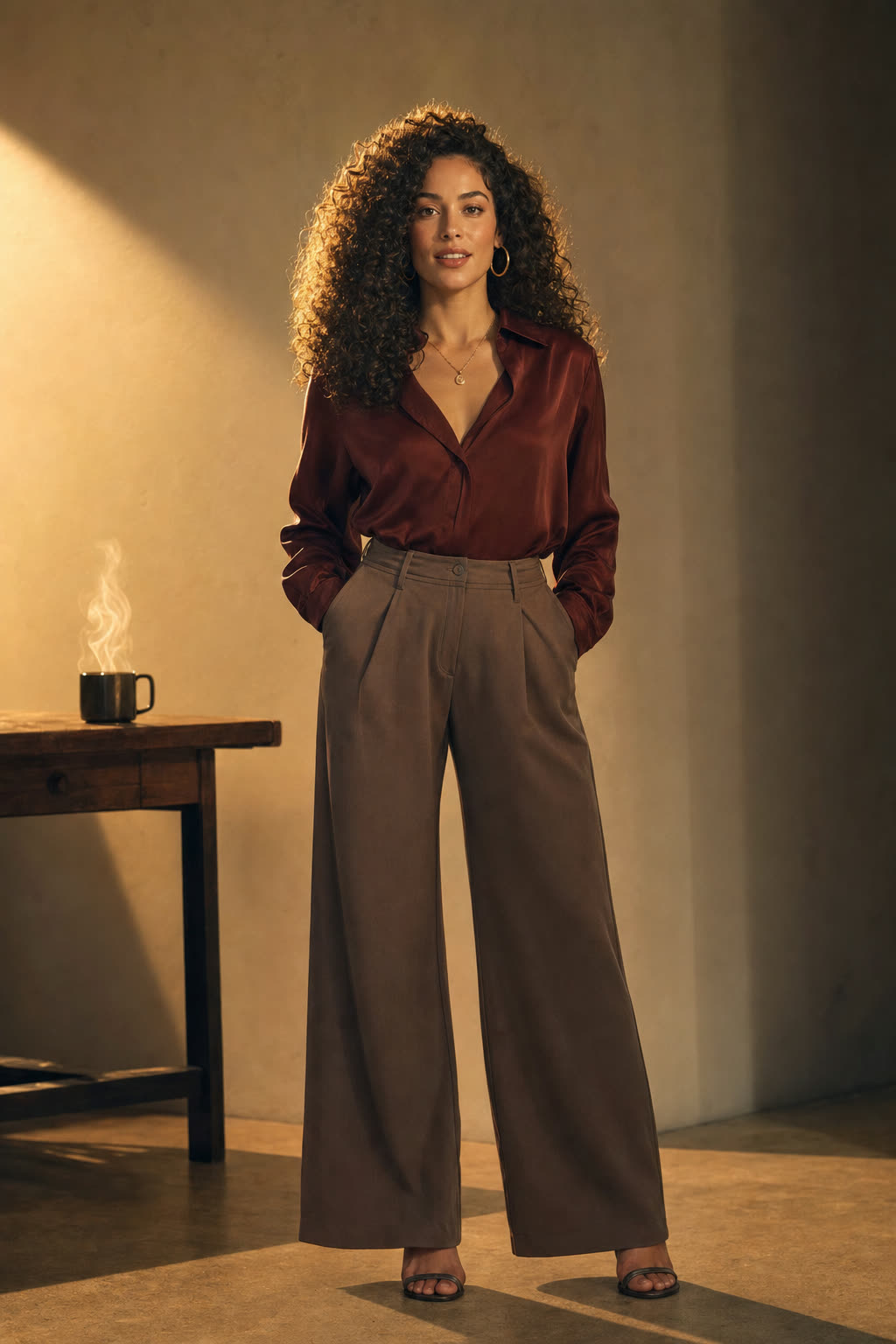 A woman with a crown of dark curls rimmed in gold light against a white wall falling into shadow