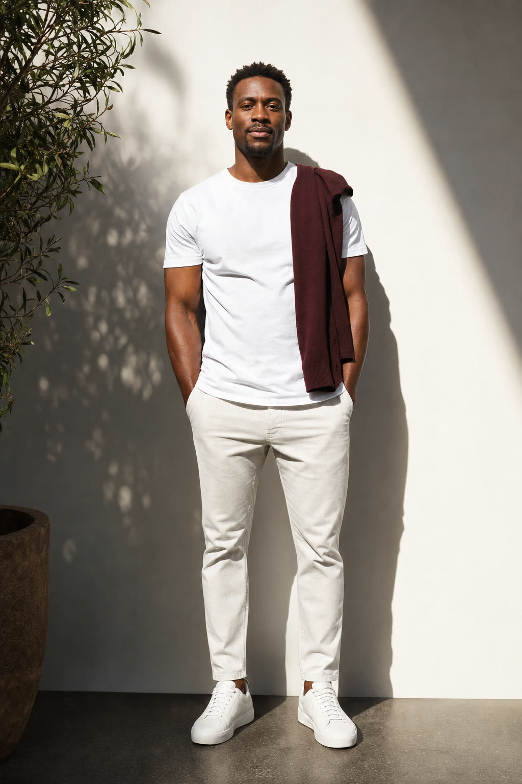 An athletic man in a white tee with an oxblood knit over one shoulder, lit by a single warm light against a shadowed white wall