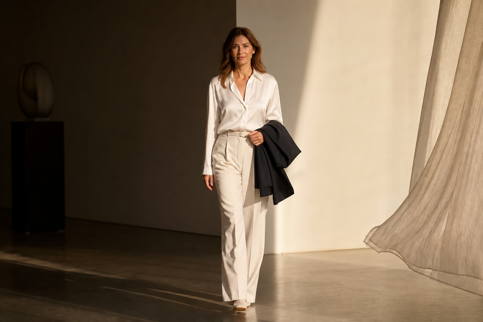 The same woman walking out of deep shadow into a slab of warm light along a white wall, coat over one arm