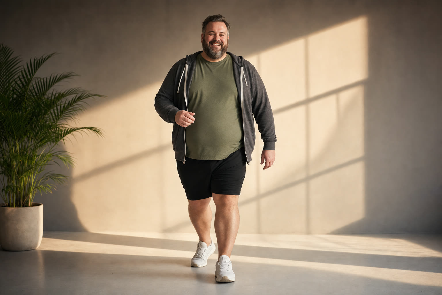 A heavier man mid-stride across a white studio floor slashed with warm light