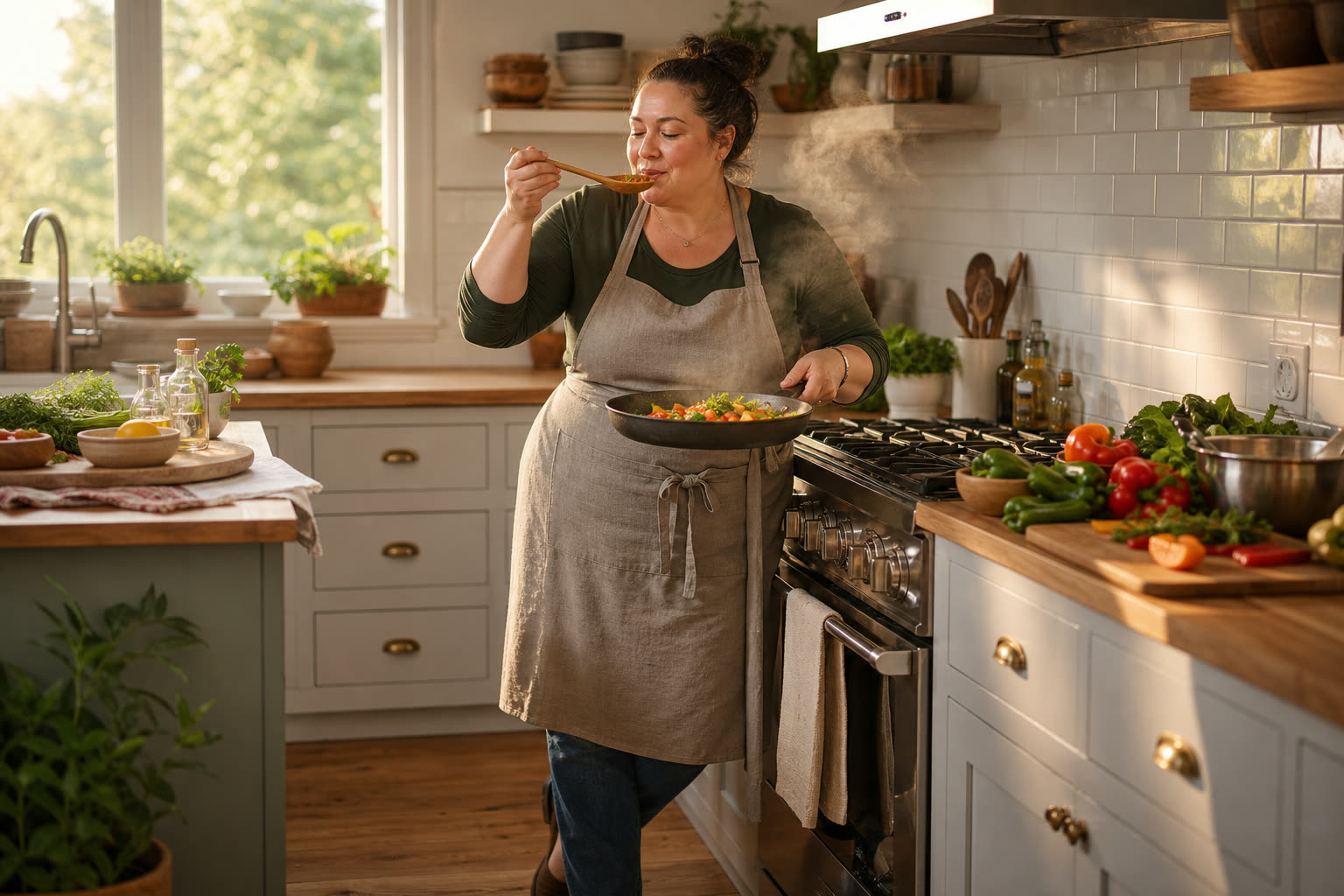 A early 50s woman with a broad and solid build cooking a colorful fresh meal in a bright kitchen, tasting from a wooden spoon