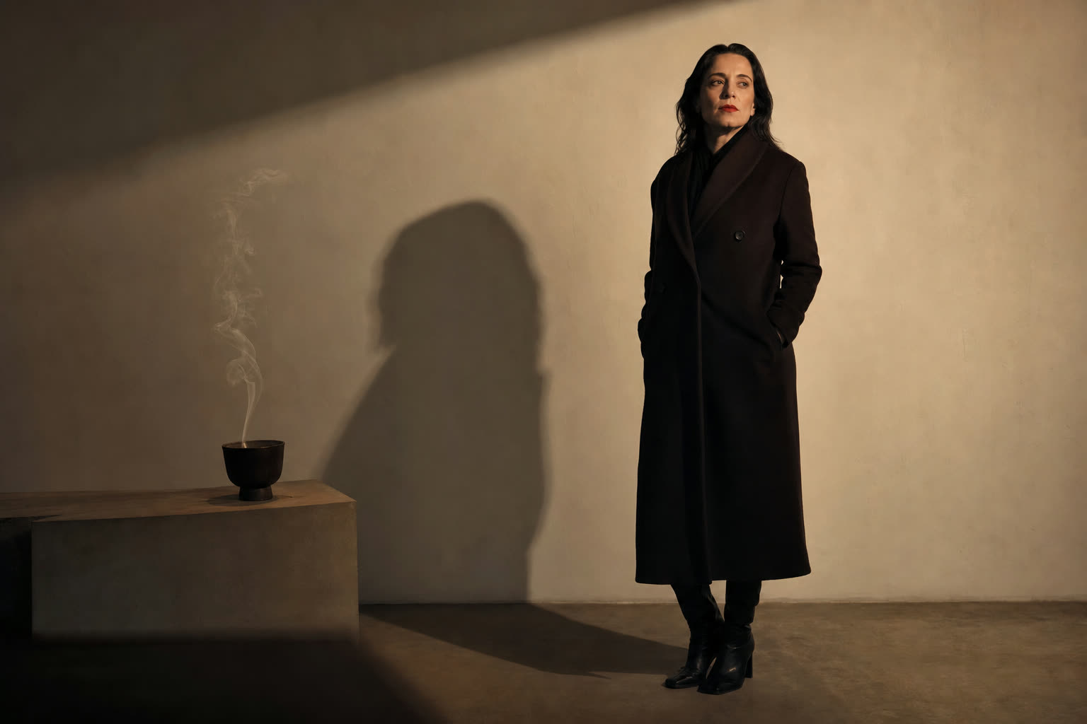 The same woman buttoned into a dark coat against a shadowed white wall