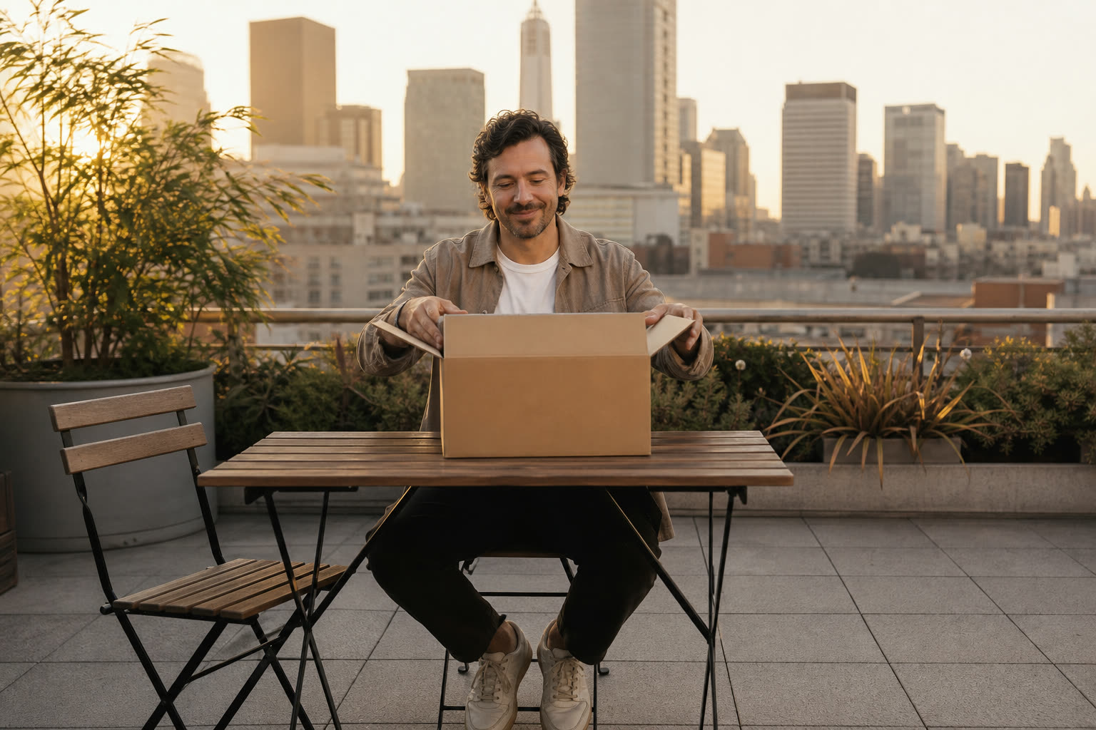 A man opening a plain unmarked delivery box on a rooftop table at golden hour