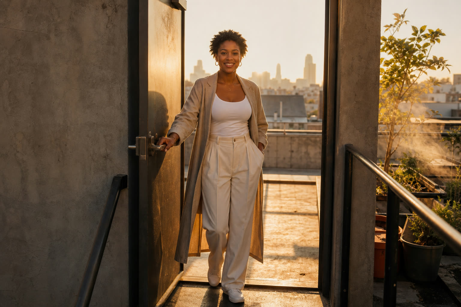 The same woman pushing open a rooftop door into golden dawn light, skyline behind her