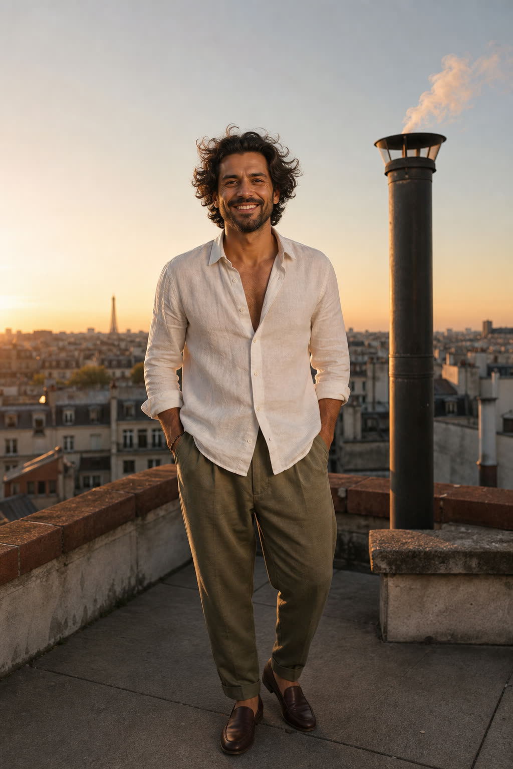 A man with thick wavy hair grinning on a rooftop at golden hour, wind in his hair