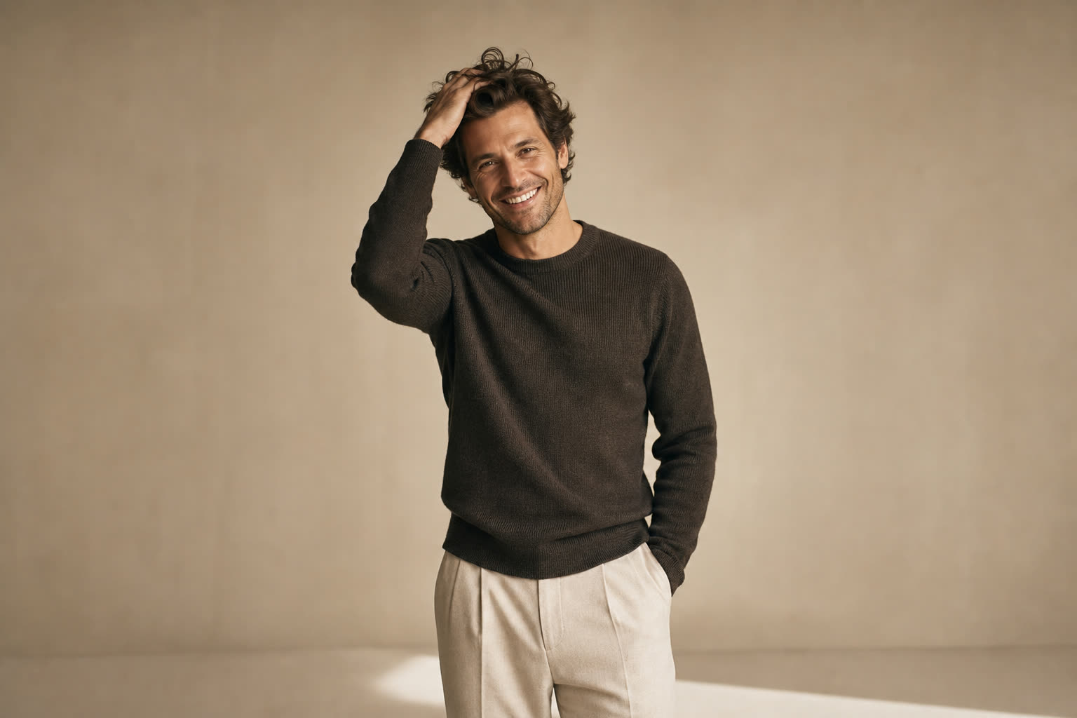 A man in his 30s with thick wavy hair, running one hand through it with an easy grin