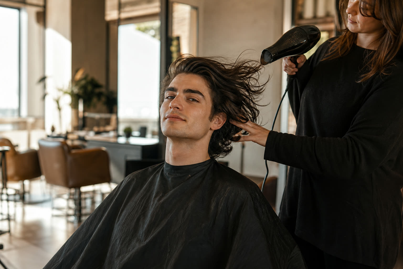 A early 20s man with a lean build mid-blowout in a salon, head tilted back slightly