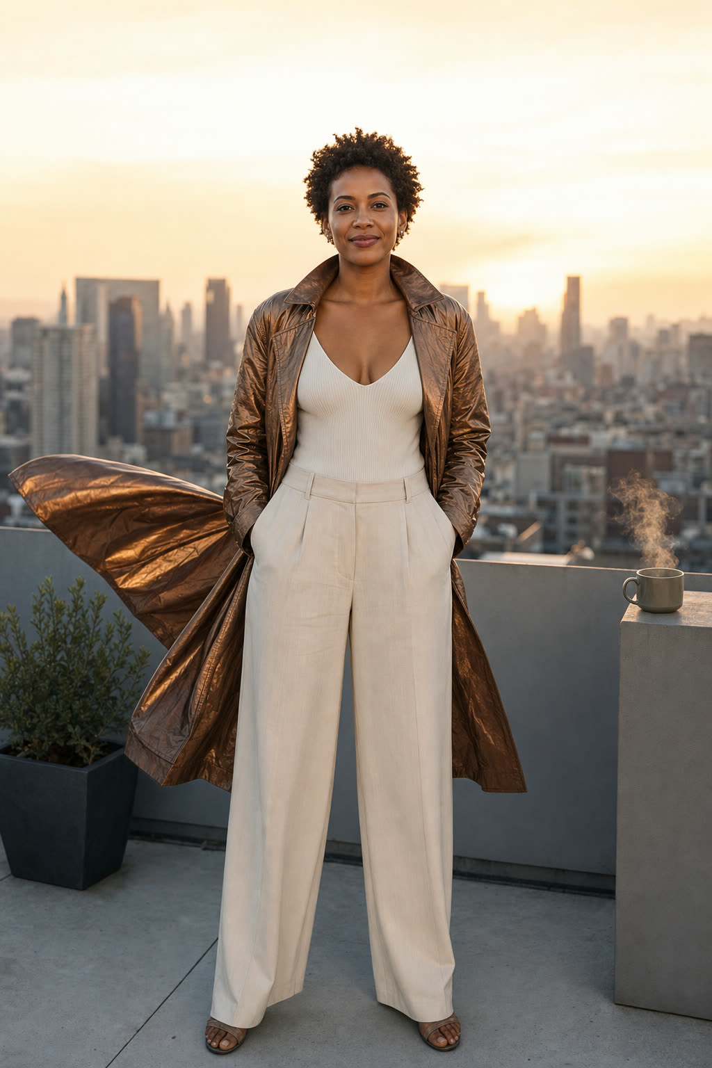 A woman in a bronze jacket on a city rooftop at dawn, wind in her jacket, smiling with the skyline far below