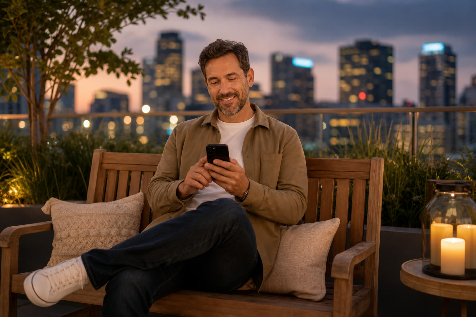 A man on a rooftop bench in the evening completing a short questionnaire on his phone