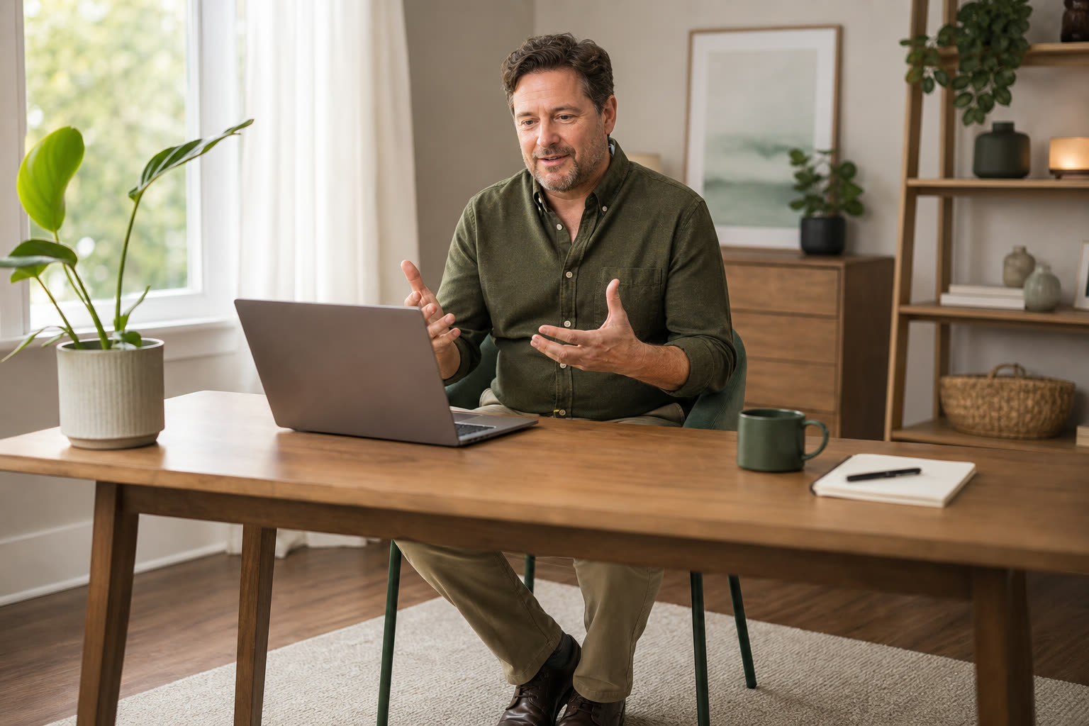 A 40s man with a soft curvy build on a clinician video call at a tidy desk, mid-question, engaged