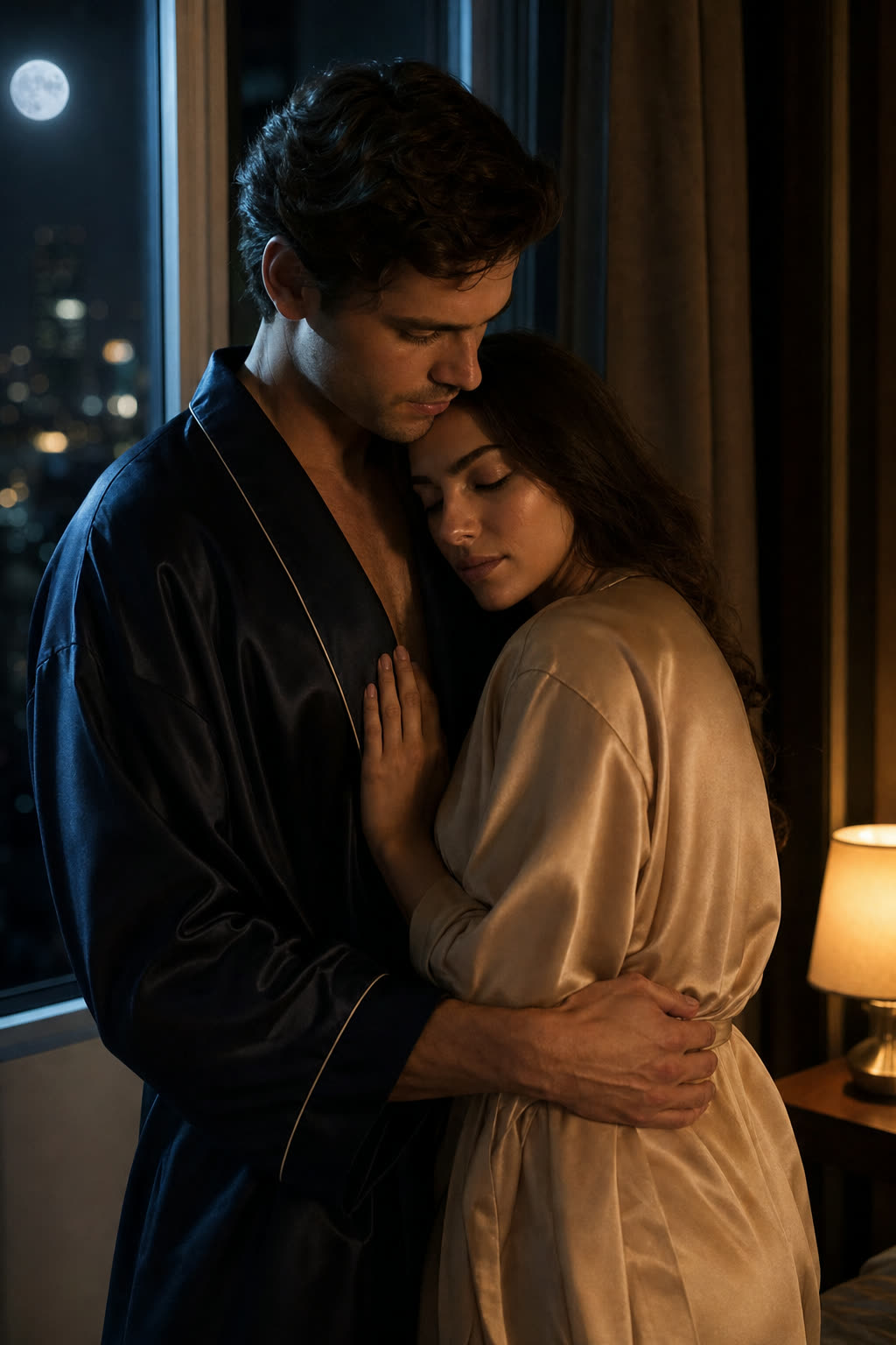 An elegant couple dancing cheek to cheek by lantern light on a rooftop at dusk