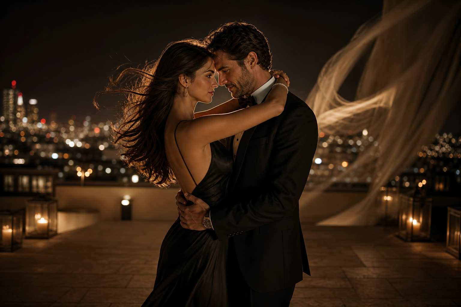 An elegant couple holding each other close on a rooftop at night, lit by warm rim light