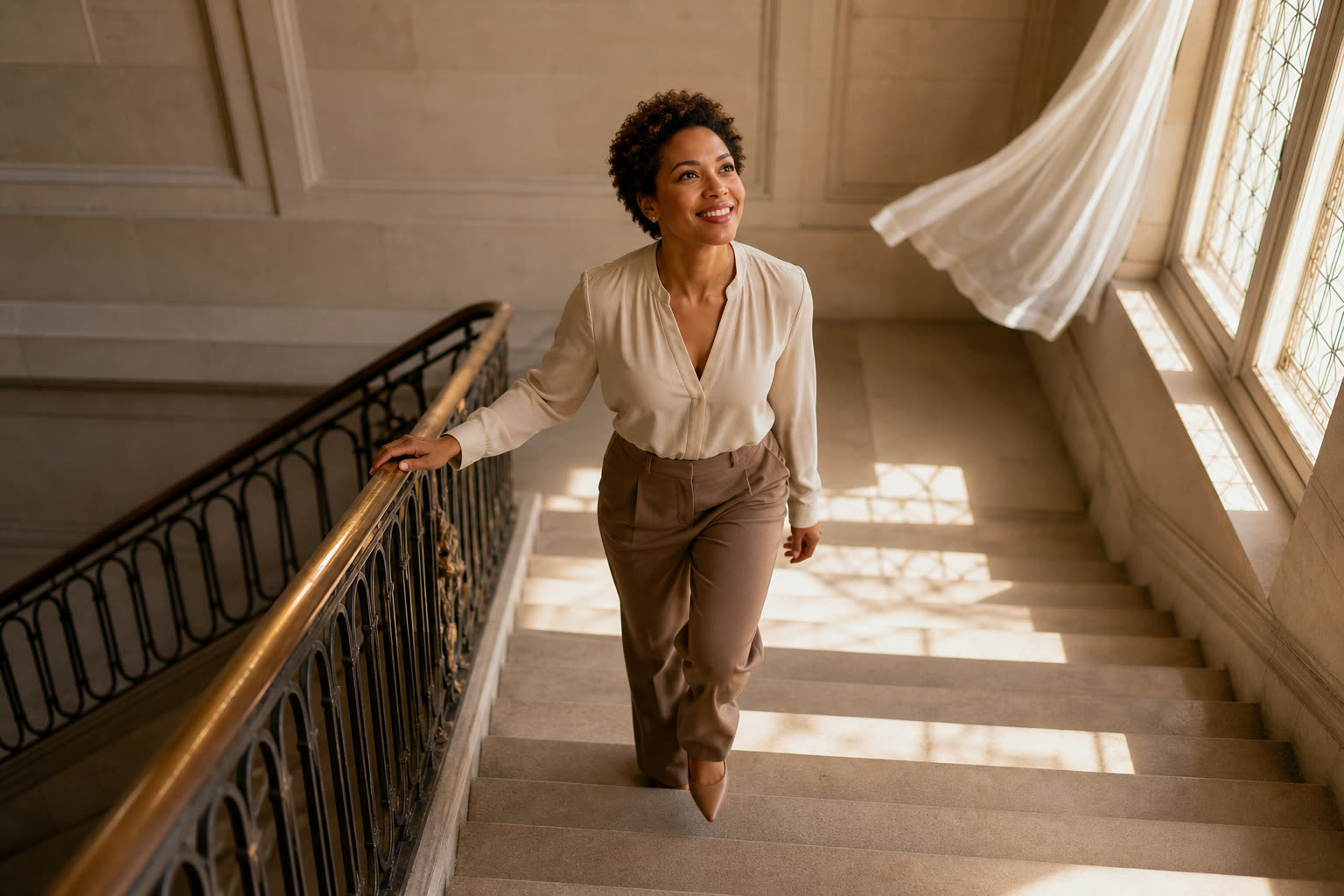 A woman climbing a wide sunlit staircase with easy momentum, looking up toward the light