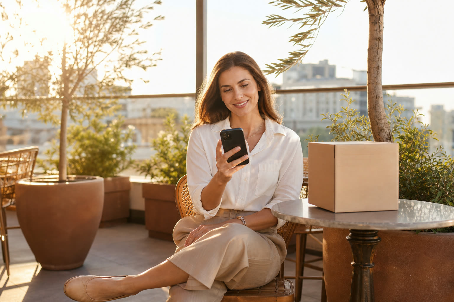 A woman reading a message at a sunlit rooftop table beside a plain unmarked delivery box
