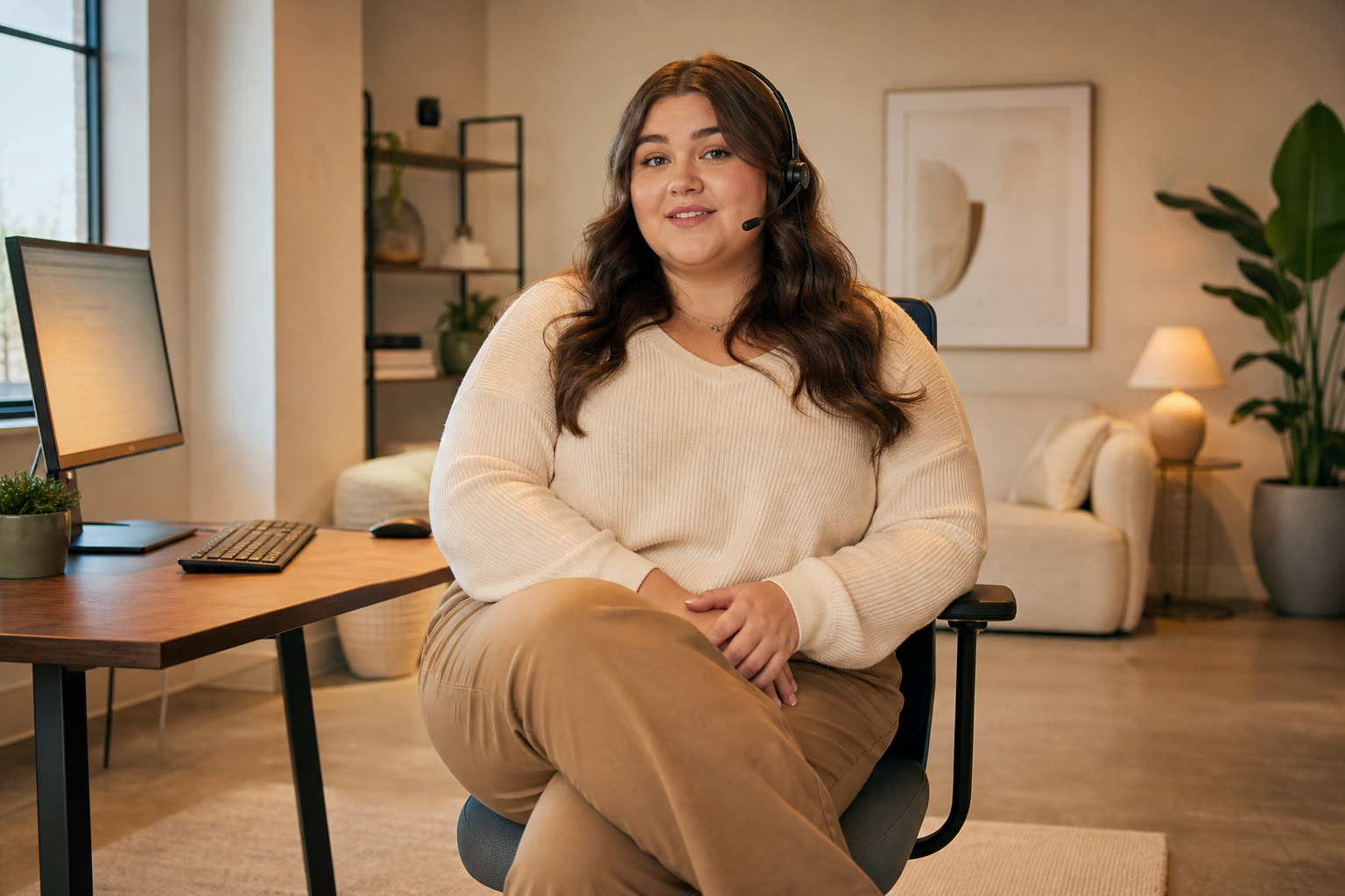 A early 20s woman with a plus-size build with a headset in a bright modern care office, mid-reassuring-sentence, kind eyes