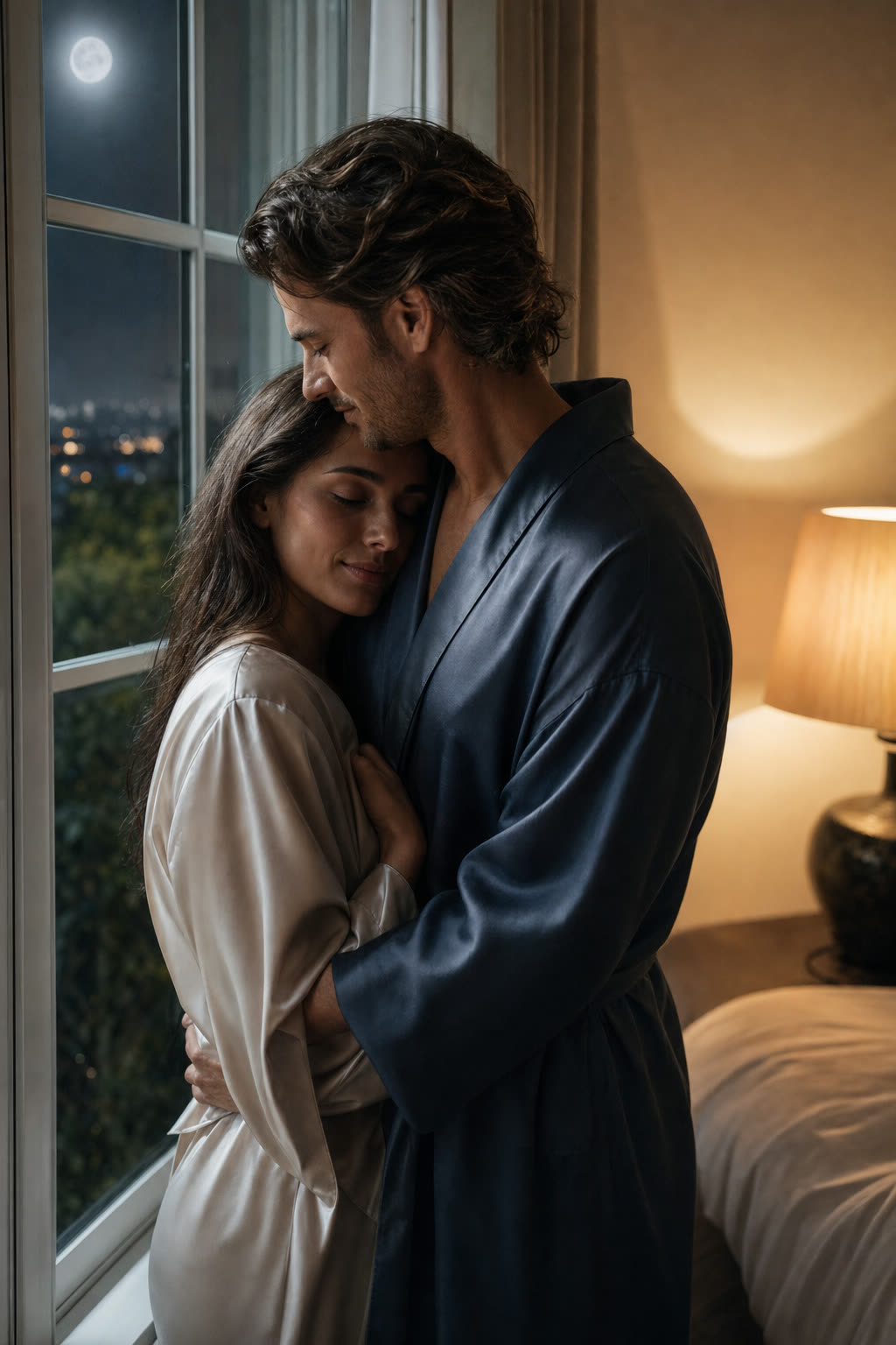 An elegant couple dancing cheek to cheek on a rooftop at dusk in warm rim light
