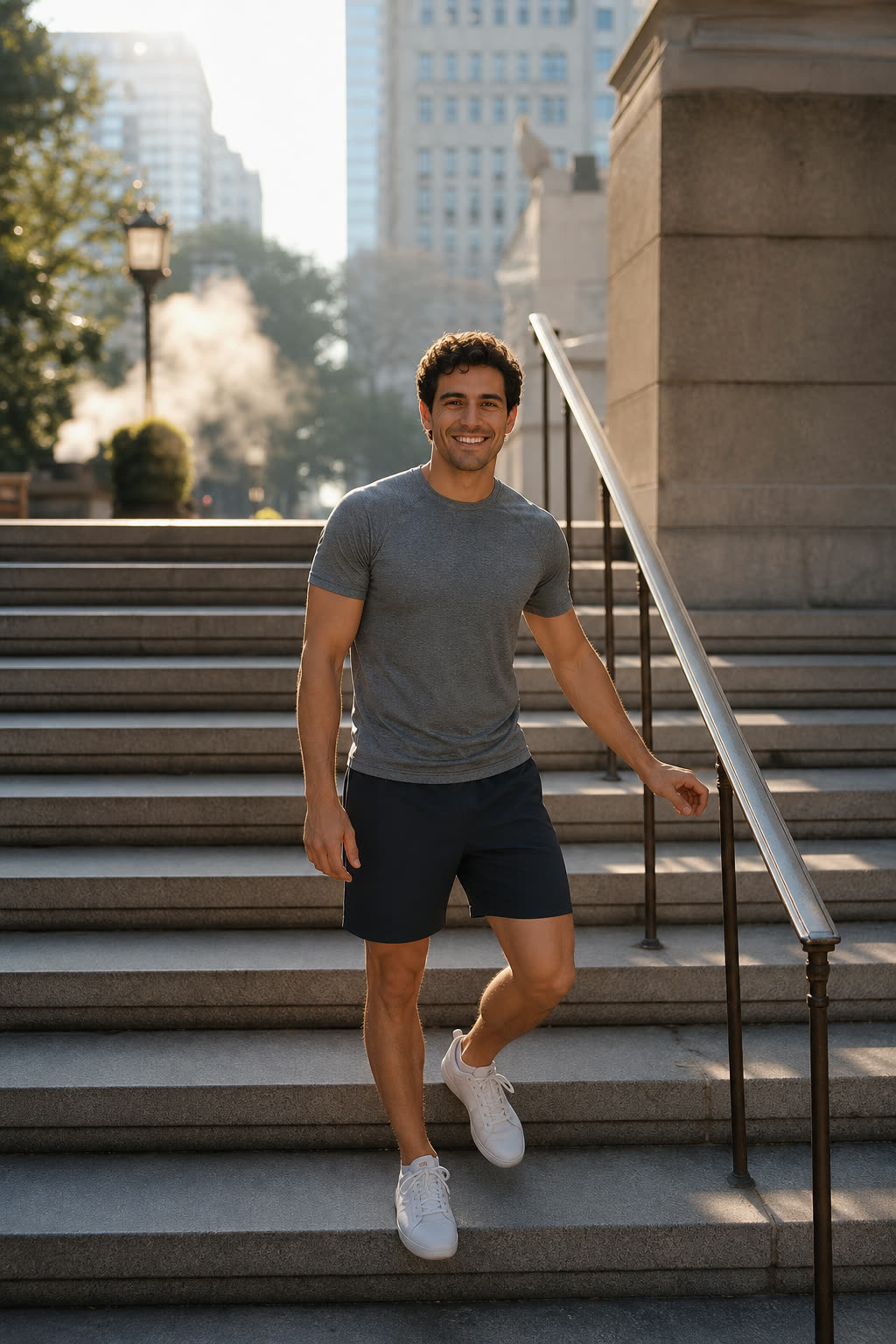 A smiling man pausing partway up sunlit city steps, hand on the rail