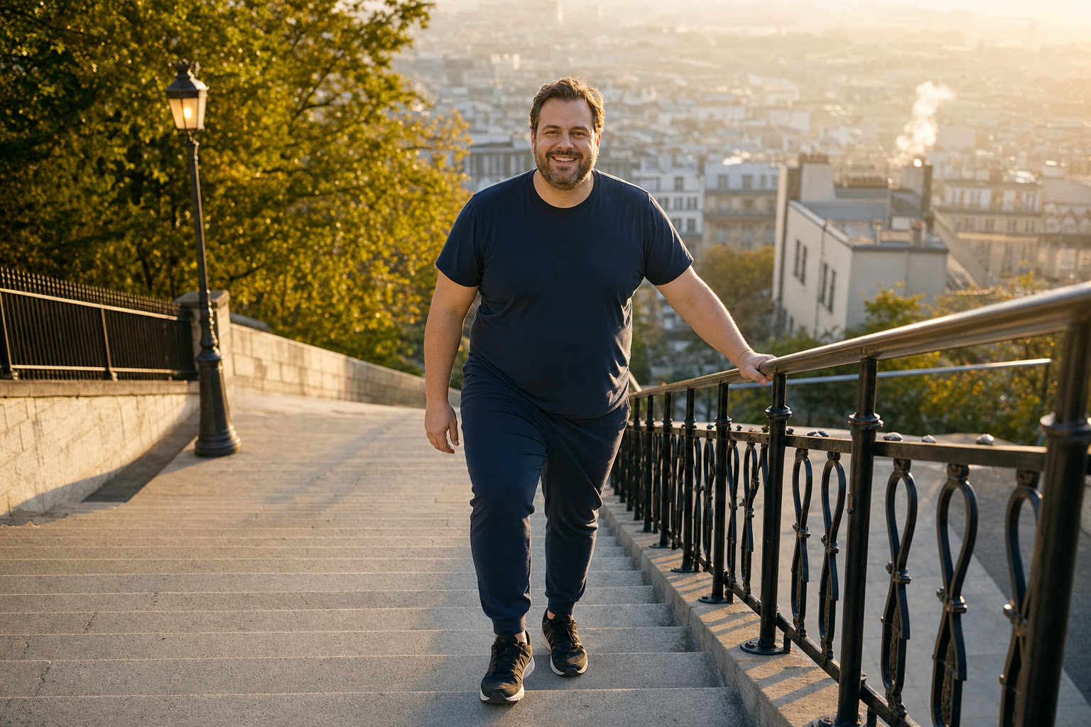 A heavier man mid-journey climbing sunlit city stairs with purpose and a big smile
