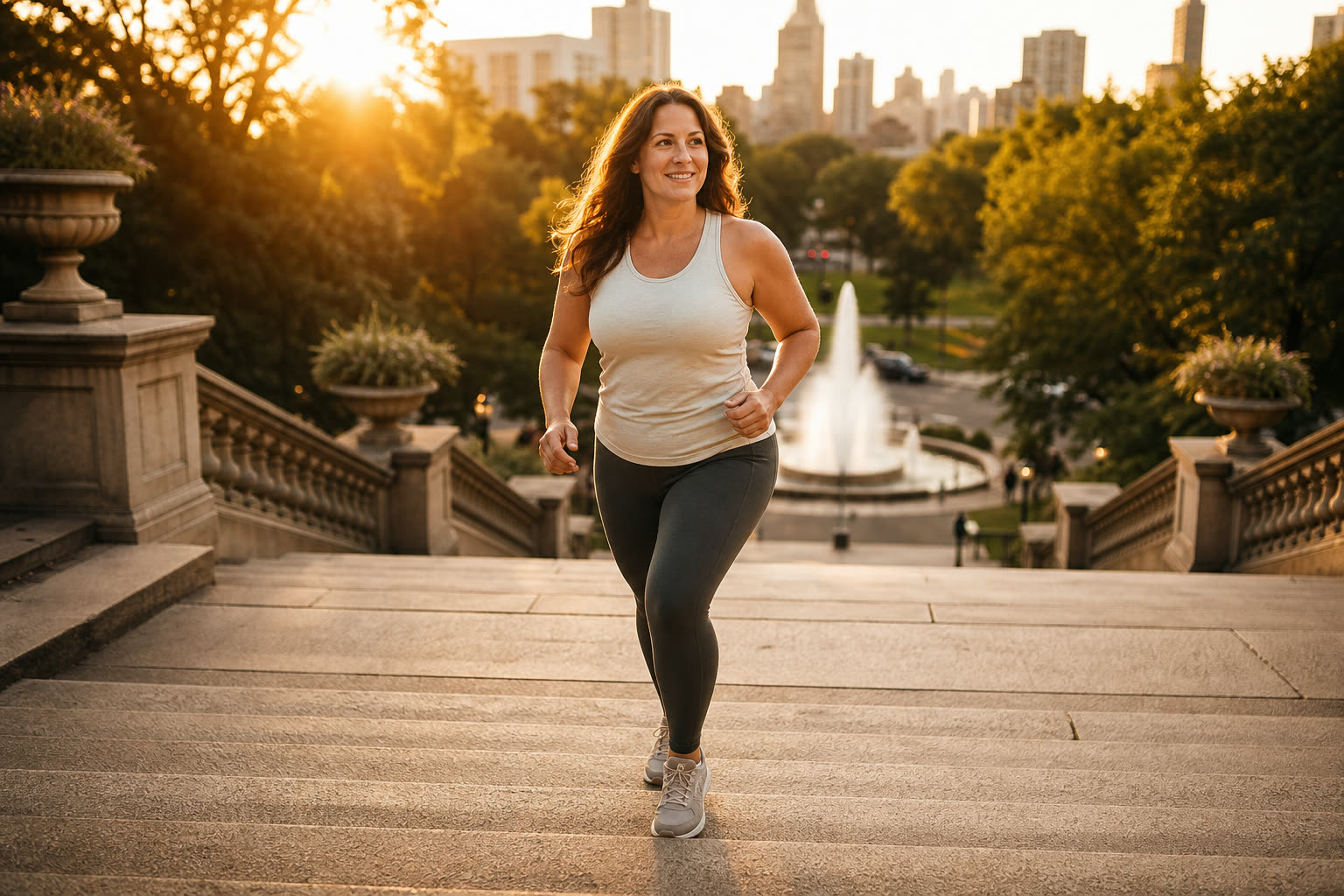 A joyful woman striding up wide stone park stairs at golden hour