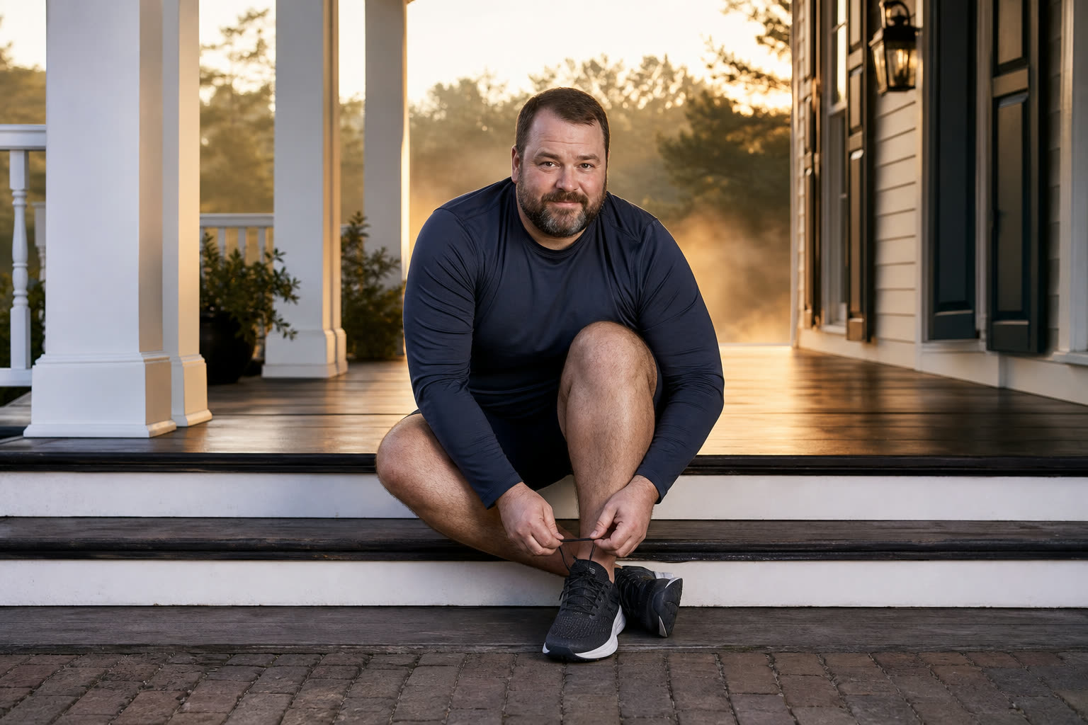 A 40s man with a full-figured curvy build lacing running shoes on a porch step at dawn, ready to start