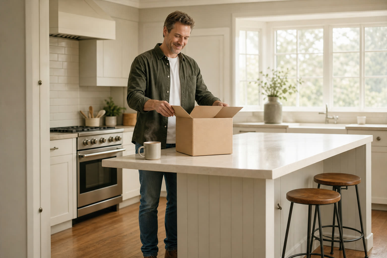A father opening a plain unmarked delivery box at his kitchen counter, coffee steaming beside him