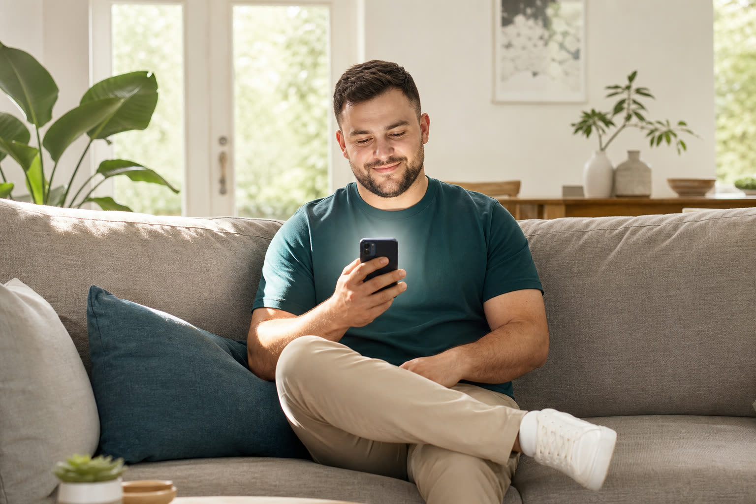 A early 30s man with a broad-shouldered stocky build reviewing their care plan on a phone from a sunlit sofa, at ease