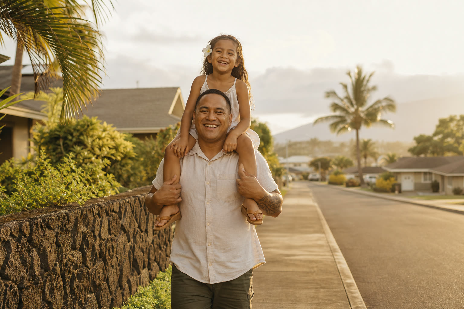 A father carrying his laughing daughter on his shoulders on a golden morning walk