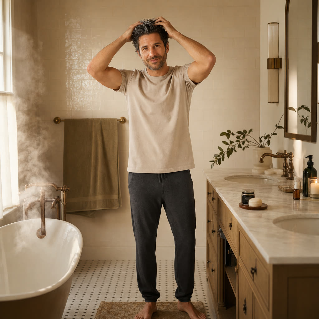 A man working a treatment through his hair at the family bathroom counter, calm in morning light