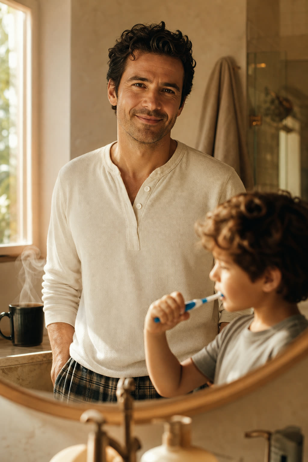 A father with thick hair at the bathroom mirror, his child brushing teeth beside him