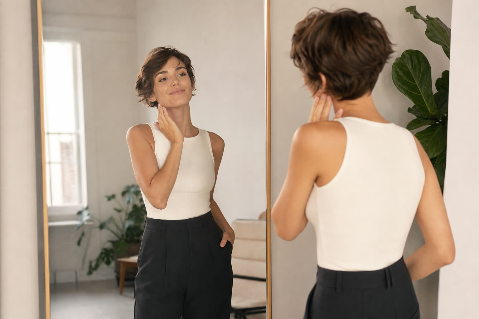 A mid-20s woman with a lean build admiring a fresh cut in a bright mirror, hand at their jawline