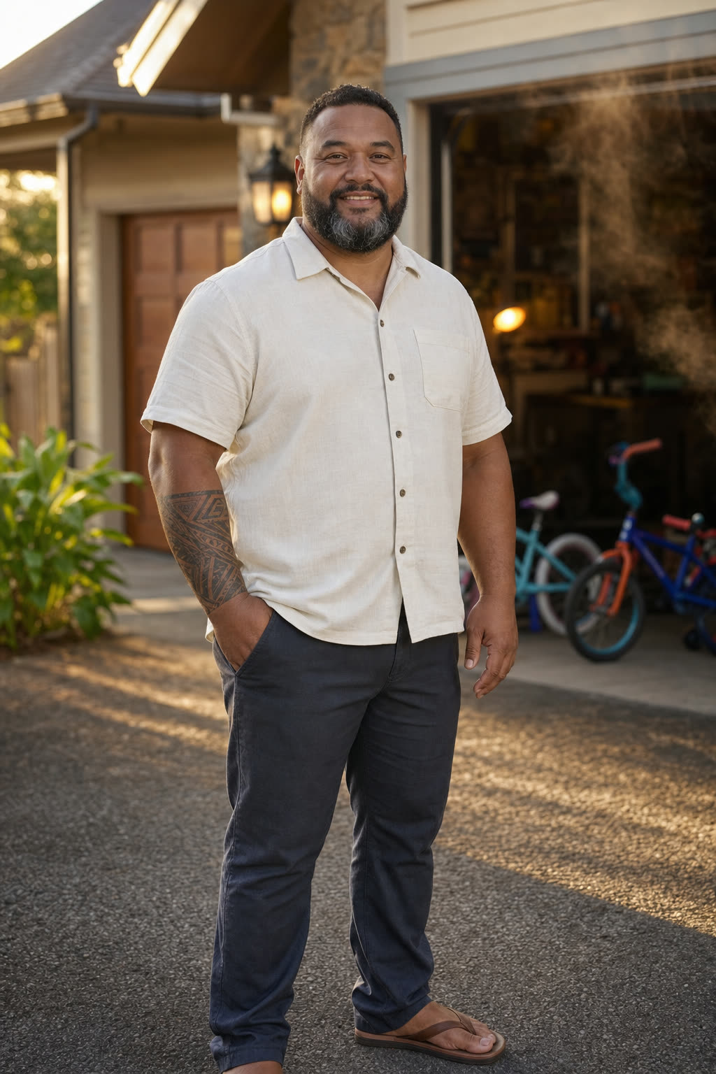A sturdy man in his 40s smiling warmly in a driveway at golden hour, kids’ bikes blurred behind him